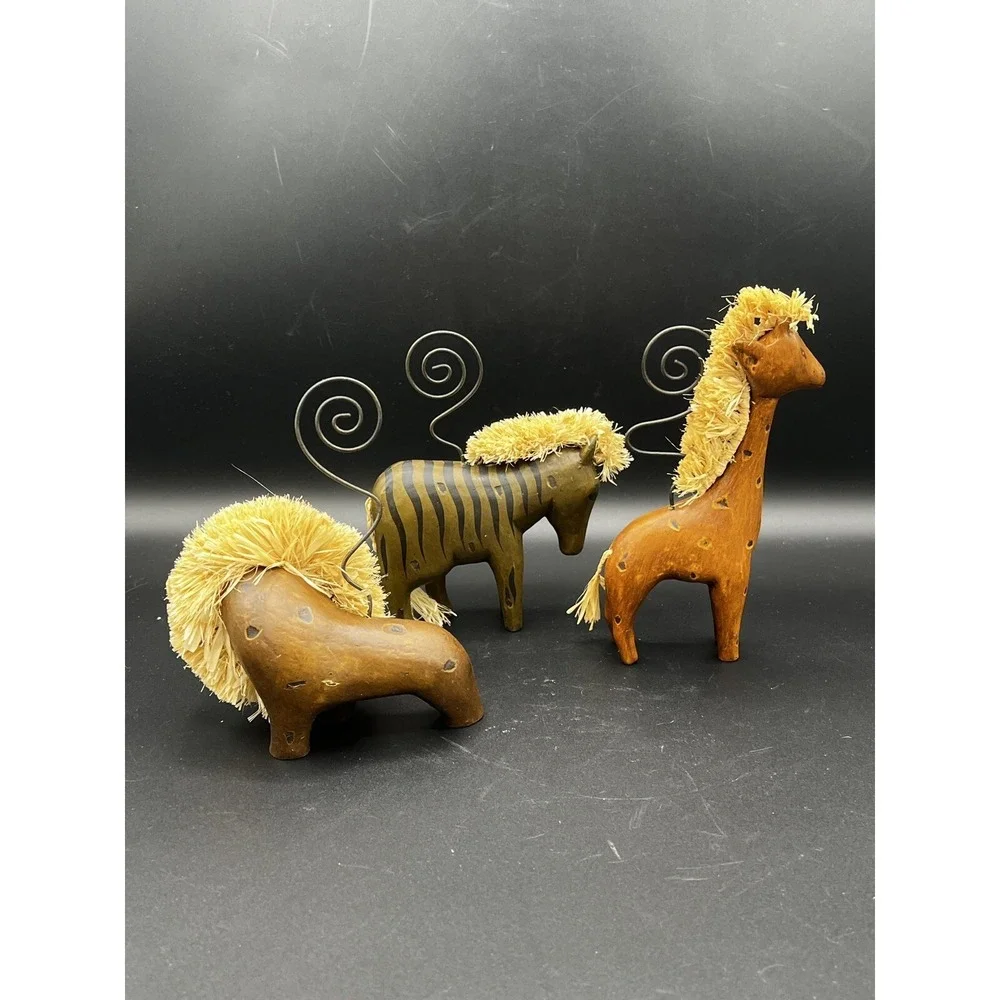 Carved Wood Animal Note Picture Holders Lion Giraffe Zebra Raffia Boho~ Set of 3